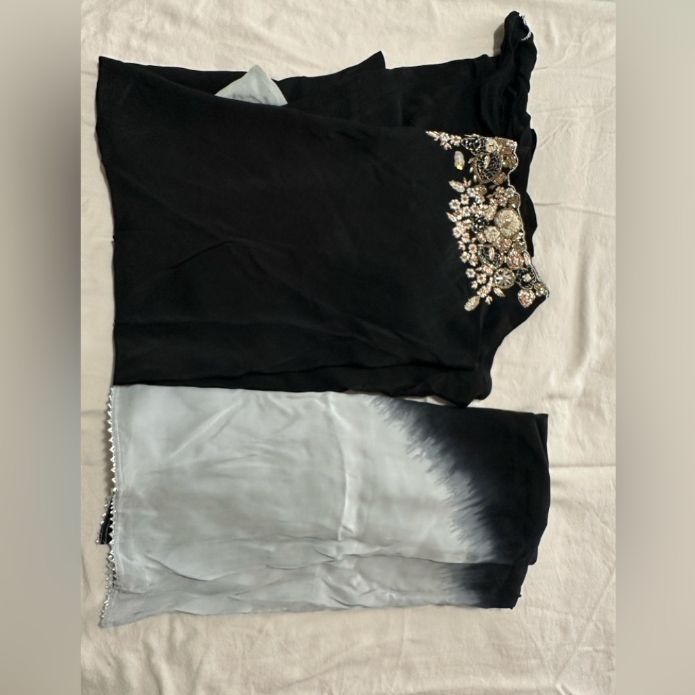 Lilac Clothing Black Kaftan with Gray Ombre Scarf and Embellished Neck